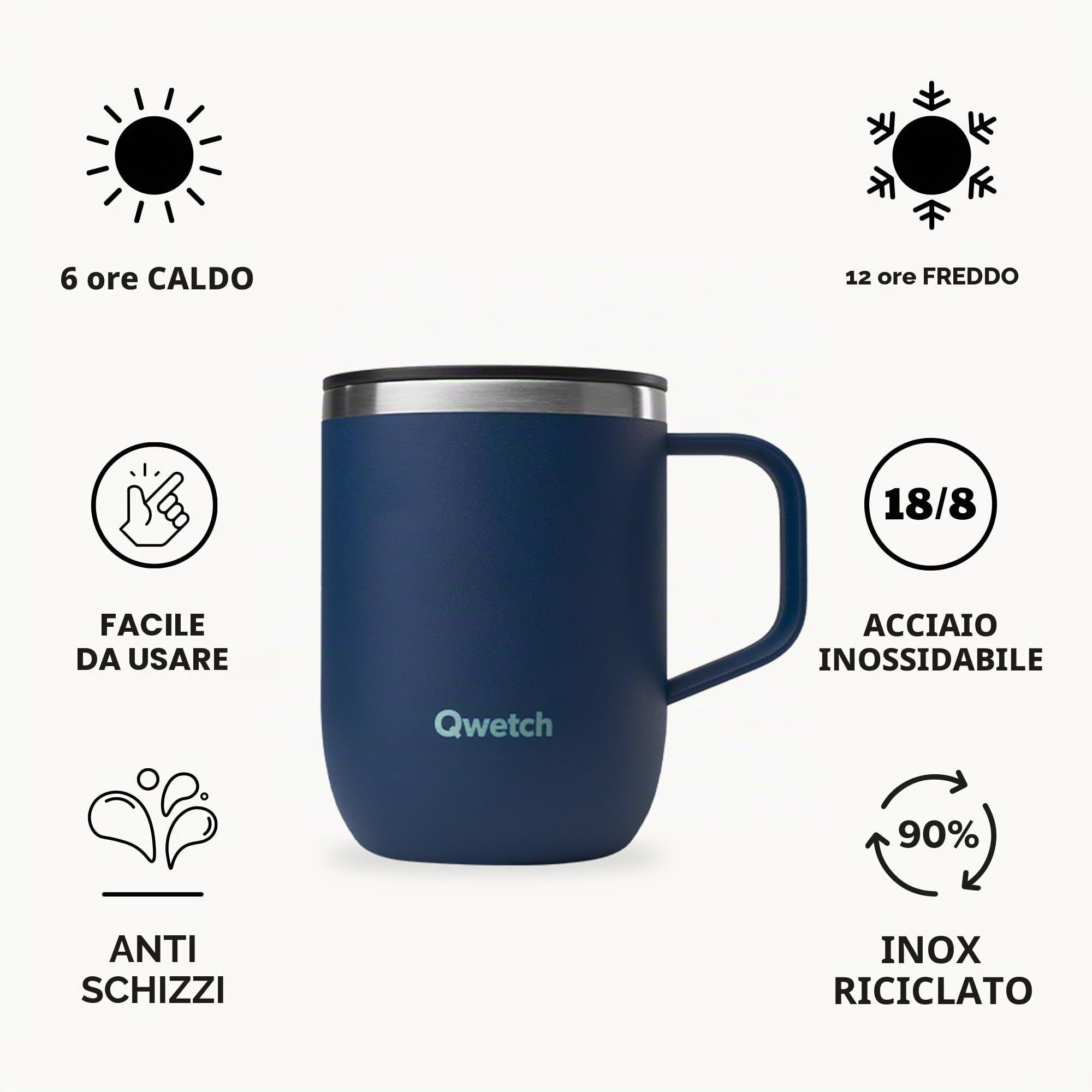 Qwetch – Tazza Termica 350 ml con Manico Blu Notte – Mug Termica Caffè & Tè – Acciaio Inox Riciclato 90% – 6h Caldo / 12h Freddo – Coperchio Scorrevole Antigoccia – Compatibile con Filtri
