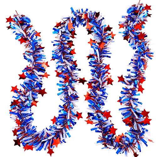 19.7 Feet 4th of July Patriotic Tinsel Garland Red White Blue Garland Artificial Independence Day Metallic Twist Hanging Garland Fireplace Wreath Decor for Staircase Railing