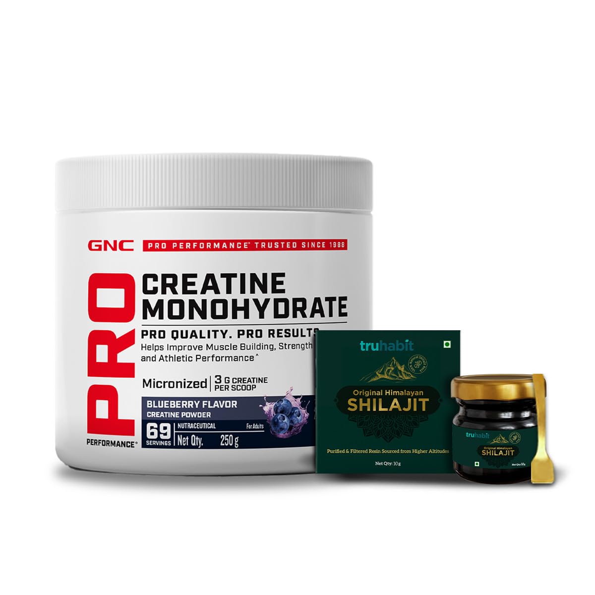 GNC Pro Performance Pure Micronized Creatine Monohydrate with Free Shilajit|250 gm & 10 gm Shilajit|Instantized|Fuels Muscles|Increase Muscle Mass|Rapid Absorption|Blueberry,powder,2 count,69 Servings