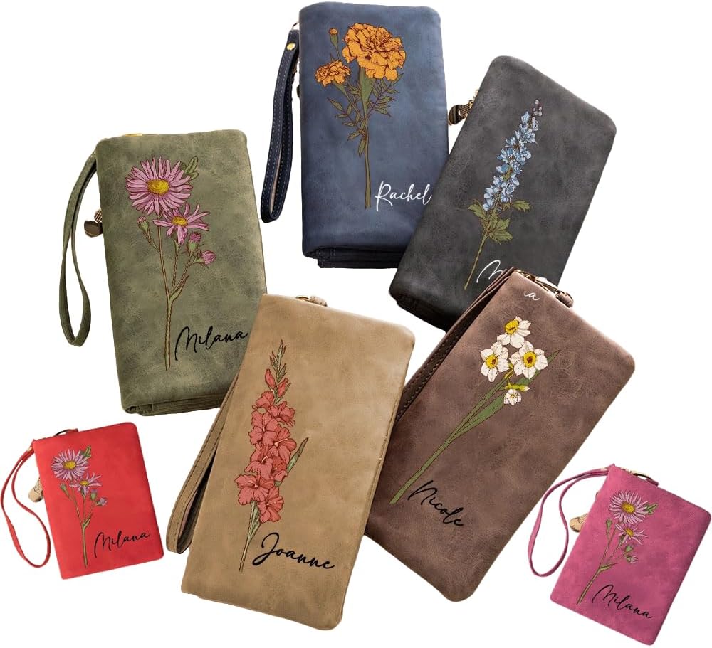 Personalised Tri-Fold PU Leather Wallet Card Holder Birth Flower & Engraved Name For Mom Custom Women Ladies Wallet Small Zipper Coin Purse with Wrist Strap Gifts for Birthday Christmas Mother's Day