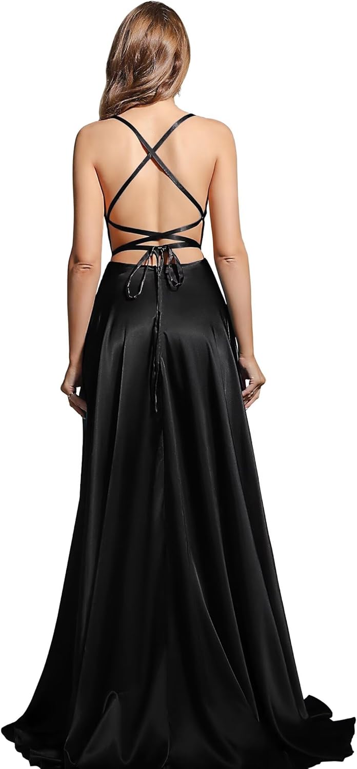 MisShow Women's Spaghetti Straps Prom Dresses with Slit Satin Bridesmaid Dress Long Evening Formal Party Gown - Image 2