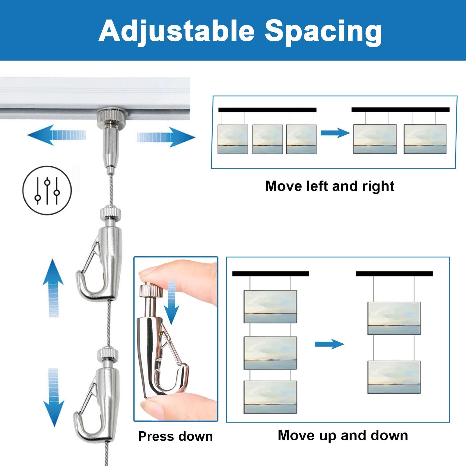 Binari da Galleria per Quadri Kit per Appendere Quadri Resistente, Espositore per Foto Binario a Parete con Cavo e Ganci Regolabili per Specchi Galleria(2m/6.6' Cable,160cm/63" Track)