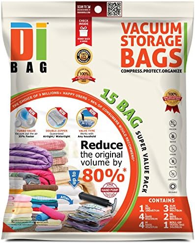 DIBAG Space Saver Vacuum Storage Bags - 15 Premium Travel Space Bags - Bag Size: Large XL & Medium - 2X Sealed Compression Plastic Bags for Clothing Storage, Clothes Bedding & Packing