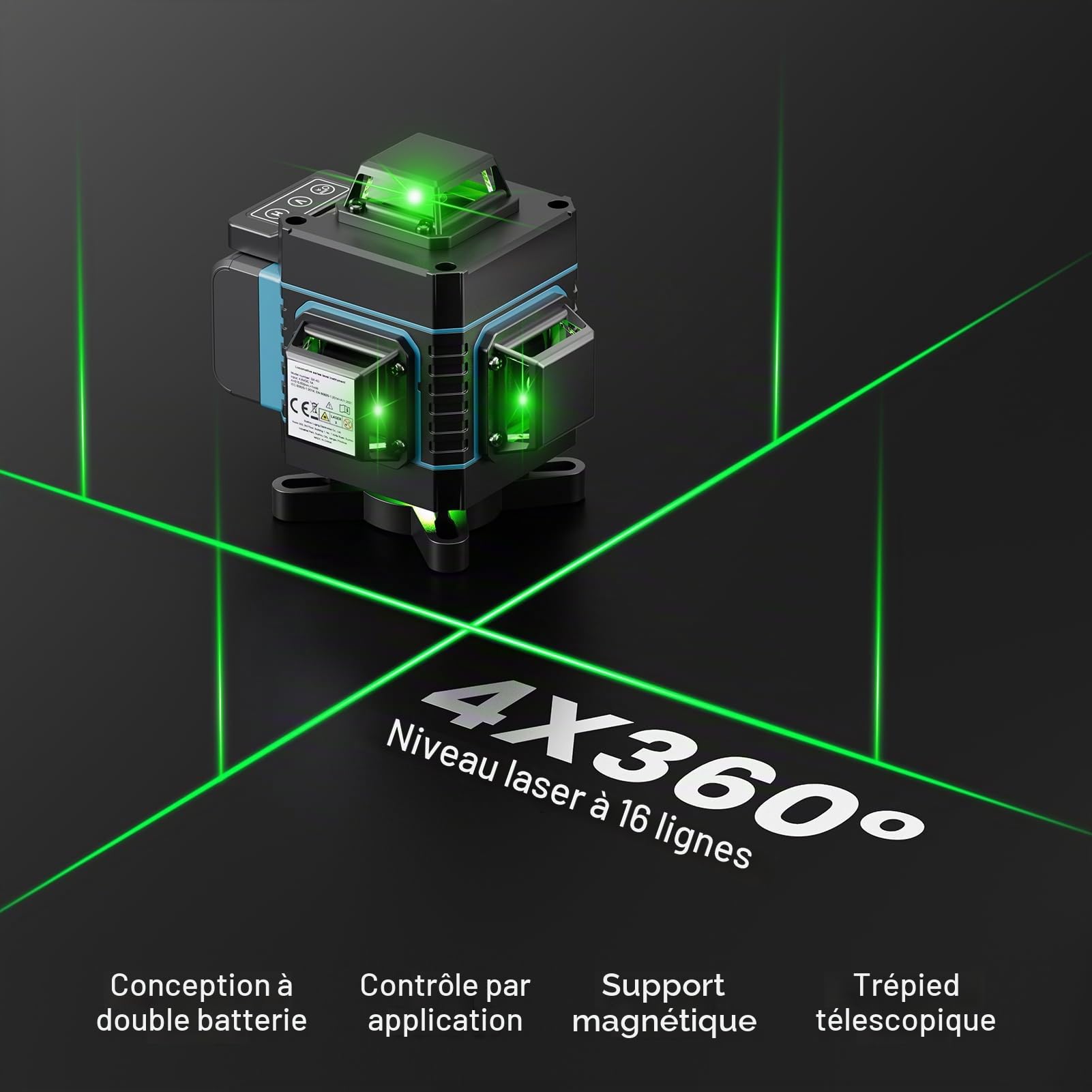 Niveau laser 360, Weytoll 4D 16 lignes Niveau laser 3° Outil de mise à niveau avec fonction de nivellement automatique avec trépied réglable en hauteur de 1,2 m