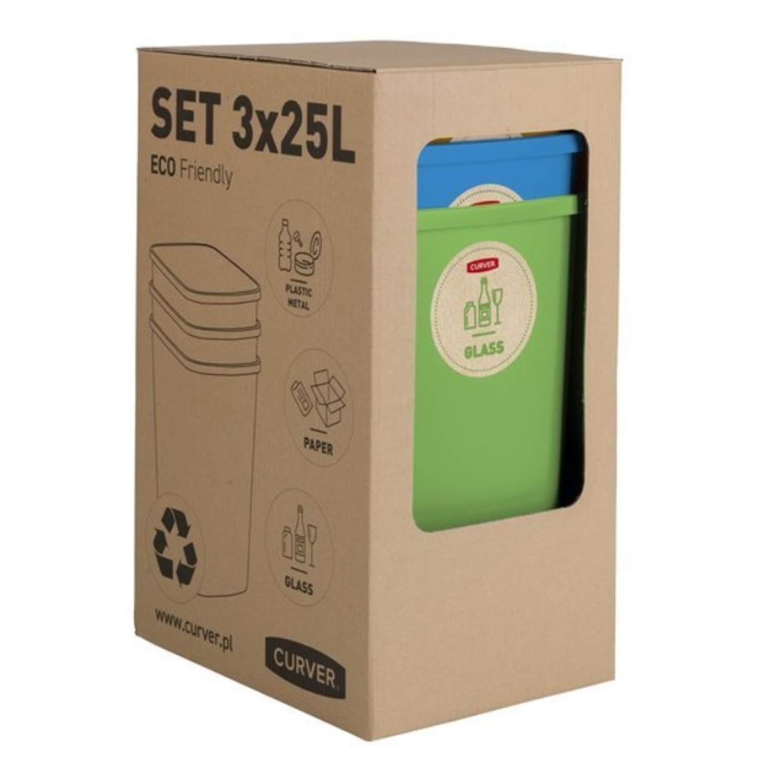 Curver - Juego 3 cubos de basura Eco Friendly para sistema de reciclaje, cubos de plástico para papel, cristal y plástico (3 x 25L)