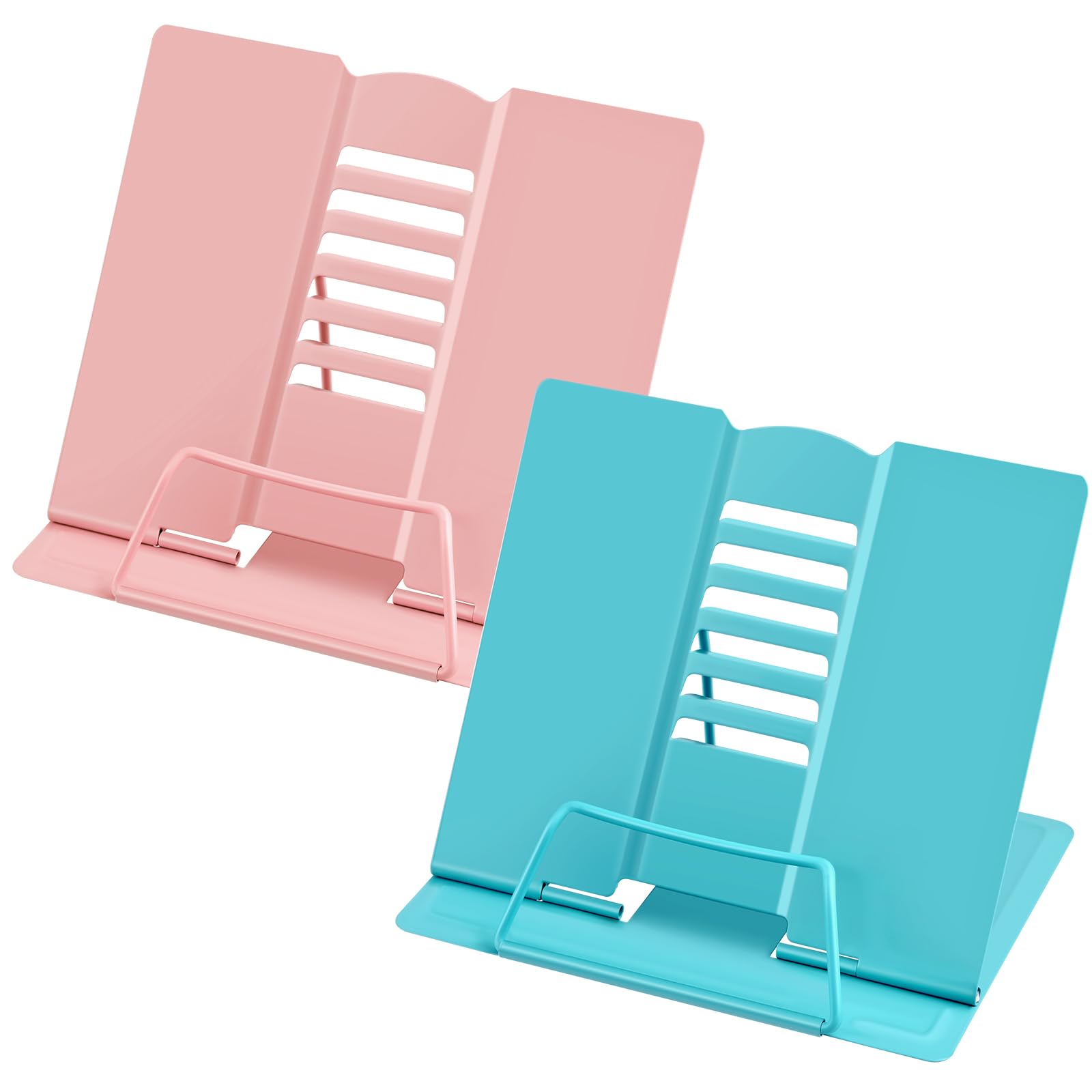 Tufa 2PCS Soporte para Libros, Soporte para Libro de Cocina de Metal, Soporte de Lectura con 6 ángulo Ajustable, Soporte para Libro de Mesa Tableta para Libro Cocina, Oficina, Escuela (Azul+Rosa)
