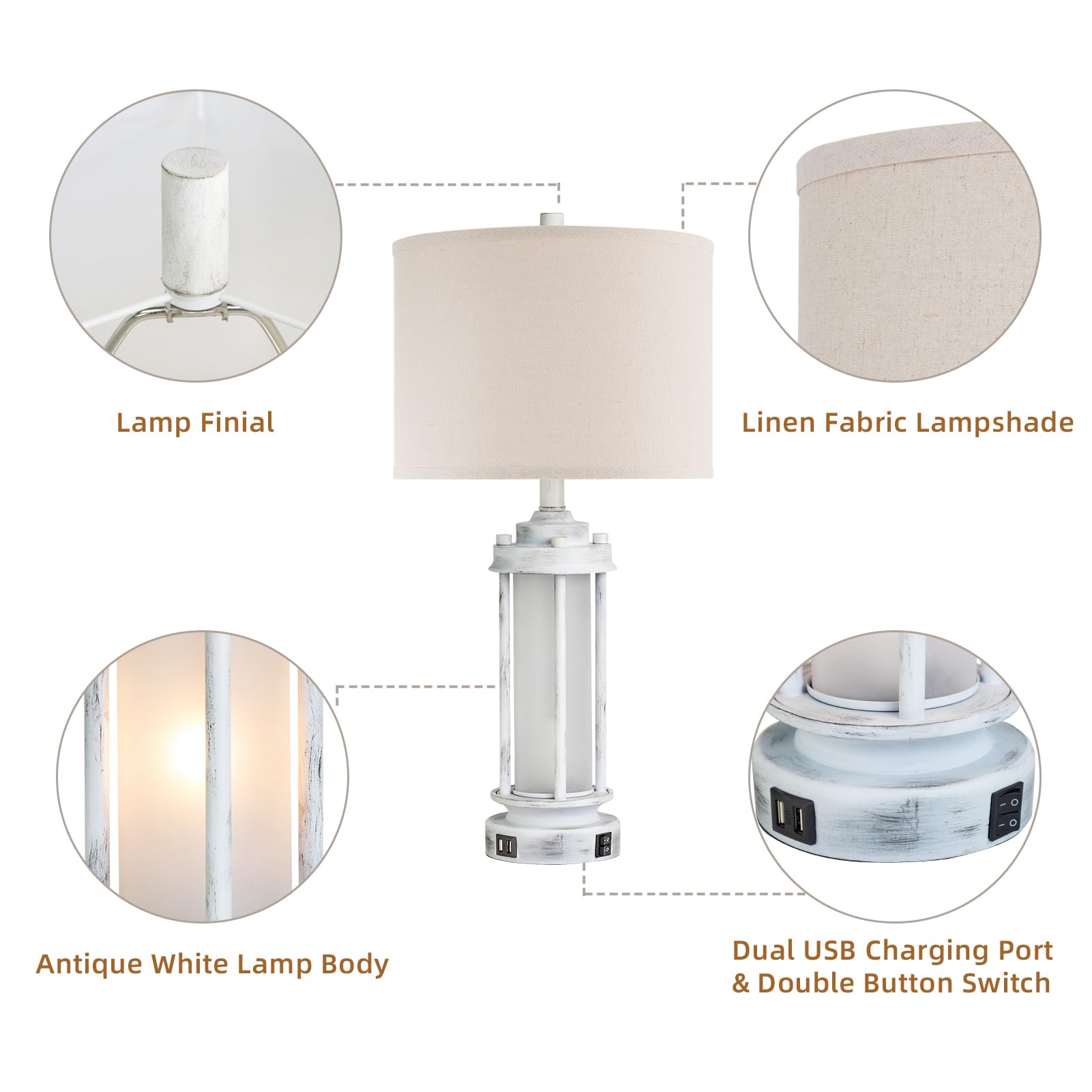 AIEAMPDO Lot de 2 lampes de table rustiques de 63,5 cm, lampes de chevet vintage avec 2 ports USB, lampe de bureau blanche antique avec veilleuse en verre pour salon, chambre à coucher, dortoir, 4