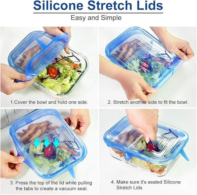 Surinka Silicone Stretch Lids Rectangle, Reusable Food Container Lids, BPA-Free, Eco-Friendly Curved Dish   Covers, Microwave, Oven & Dishwasher Safe (Round+Squre-pack of 12) - Image 6 thumbnail