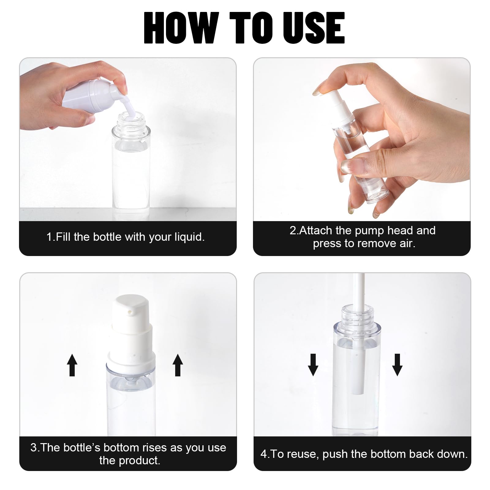 Leikedun 10 flaconi vuoti a pompa airless da 10 ml, ricaricabili, trasparenti, da viaggio, contenitori per cosmetici, con adesivi, per fondotinta, essenza, crema, lozioni, articoli da toeletta