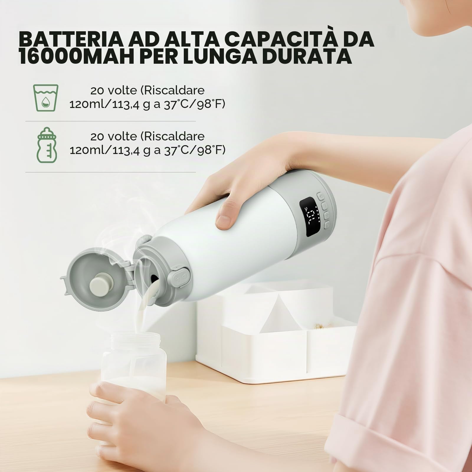 Scaldabiberon portatile per bambini, riscaldamento rapido del latte materno e dell'acqua, temperatura perfetta per fino a 500 ml di latte, 24 ore di temperatura costante, riscaldamento rapido in 3