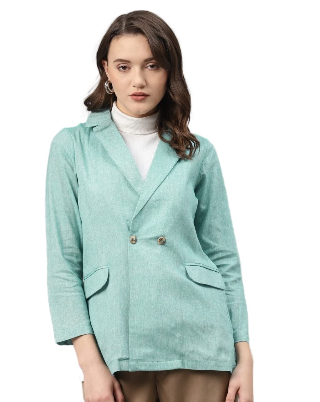 cottinfab Women Light Green Cotton Solid Slim Fit Double Breasted Blazer-picture-20