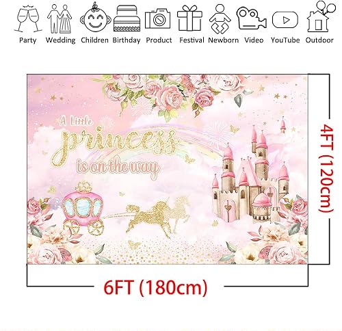 Miniatura 4 de Mocsicka Telón de fondo de princesa para baby shower, castillo floral para niña, decoración de fiesta de carruaje, fondo rosa, decoración de mesa de
