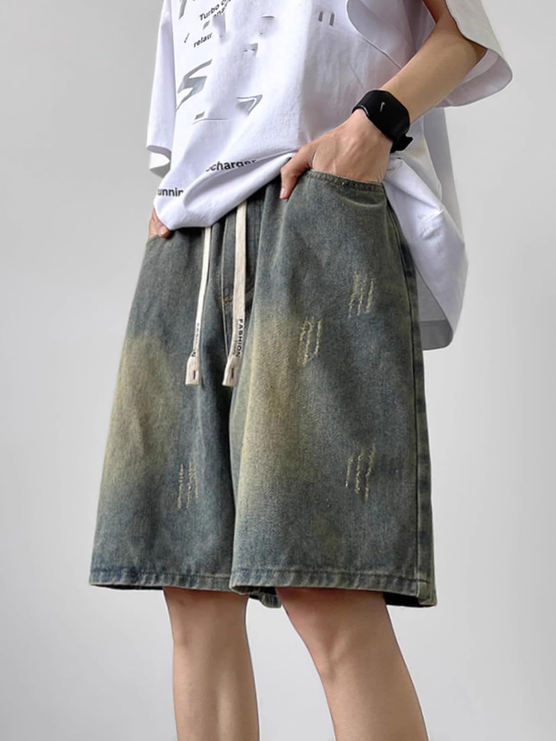 Men's Shorts Denim Summer American Style High Street Straight Leg Loose Fit Shorts for Men-Blue-Medium