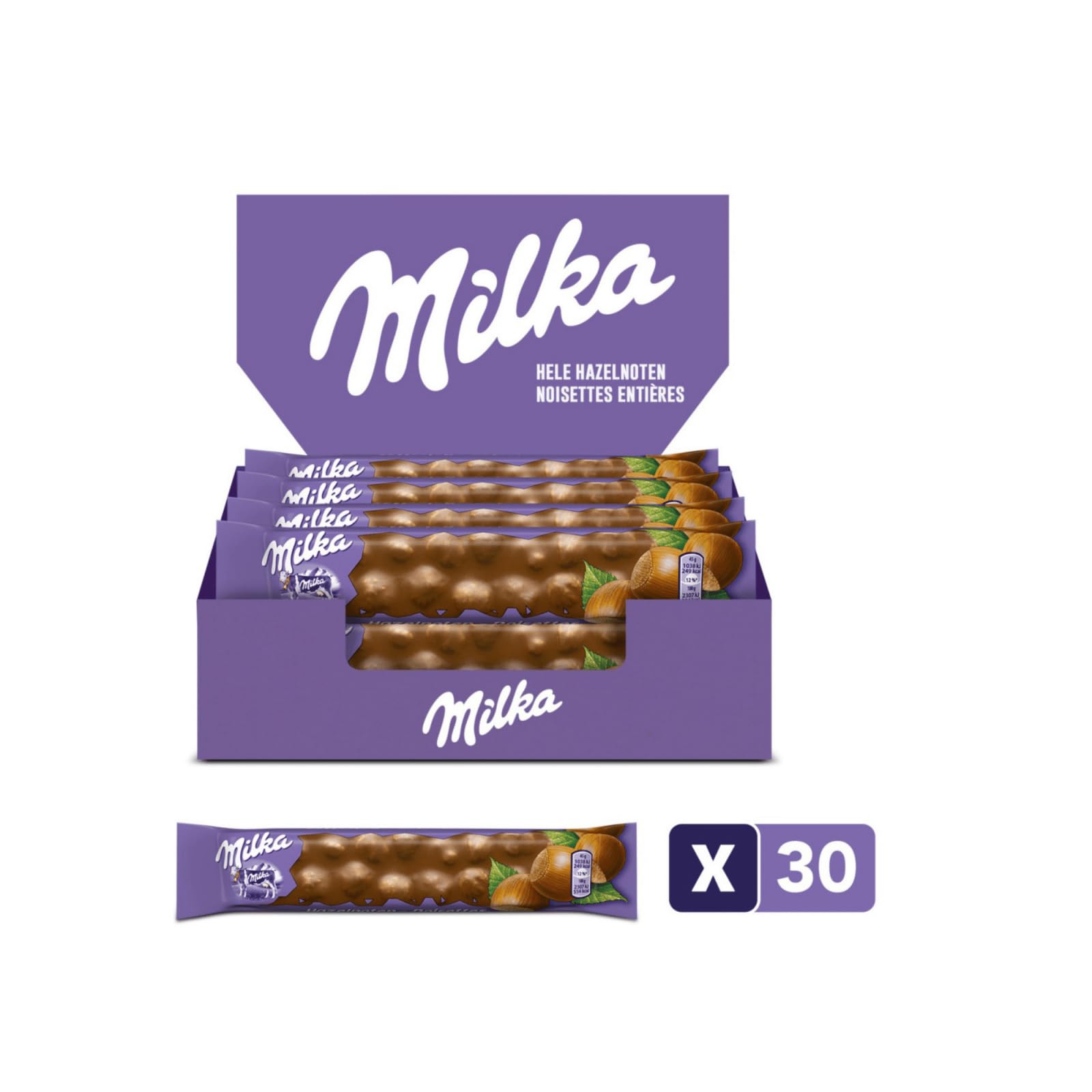 Milka – Barra de chocolate con leche y avellanas enteras – 30 x 45 g
