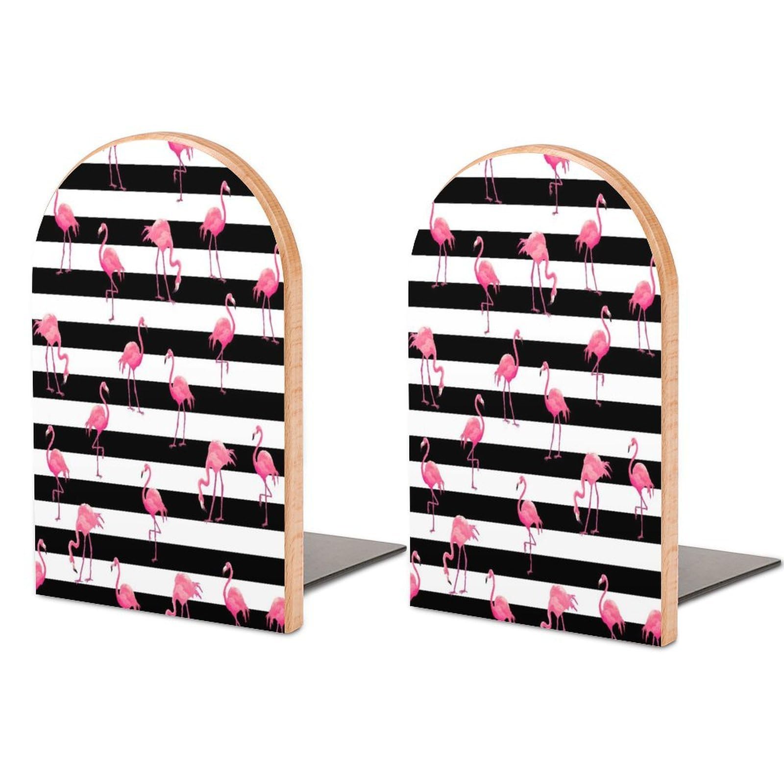 Retro Flamingo Beech Wood Bookends Heavy Duty Book Organizers Desktop File Holder for Office Home Bookshelf