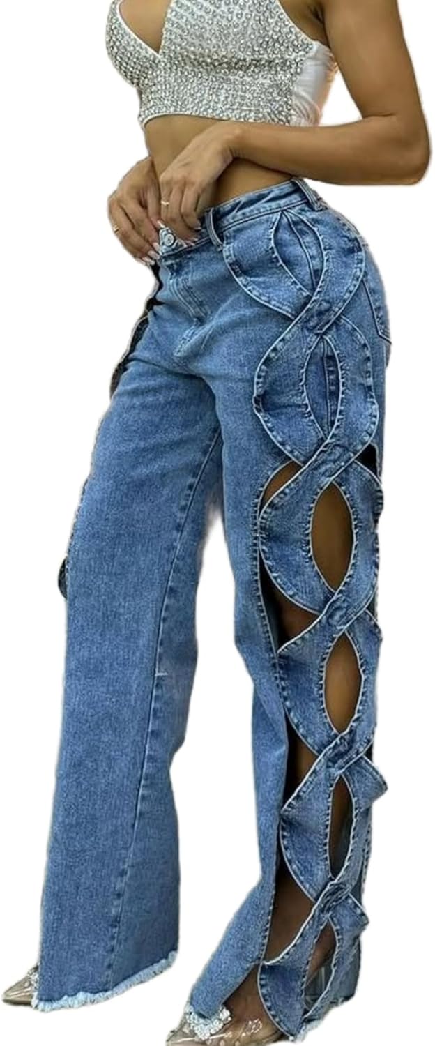 Vaceky Womens Jeans Side Hollow Out Chaps Distressed Baggy Denim Pants with Pockets