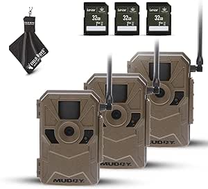 MUDDY Merge 3-Pack Cellular Trail Cameras – 26MP, LTE Dual SIM, Color Night Vision, App Control – Includes 3 Cameras for Ultimate Coverage, SD Cards, and Cleaning Cloth (3PK) asin的图片