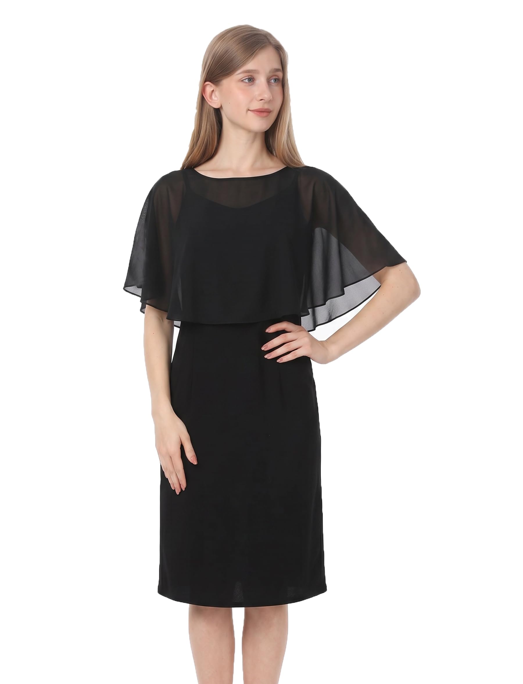 baoqiya Wedding Capes Bridal Capelet Chiffon Shrug Shawls and Wraps for Evening Dress (Black)-picture-39