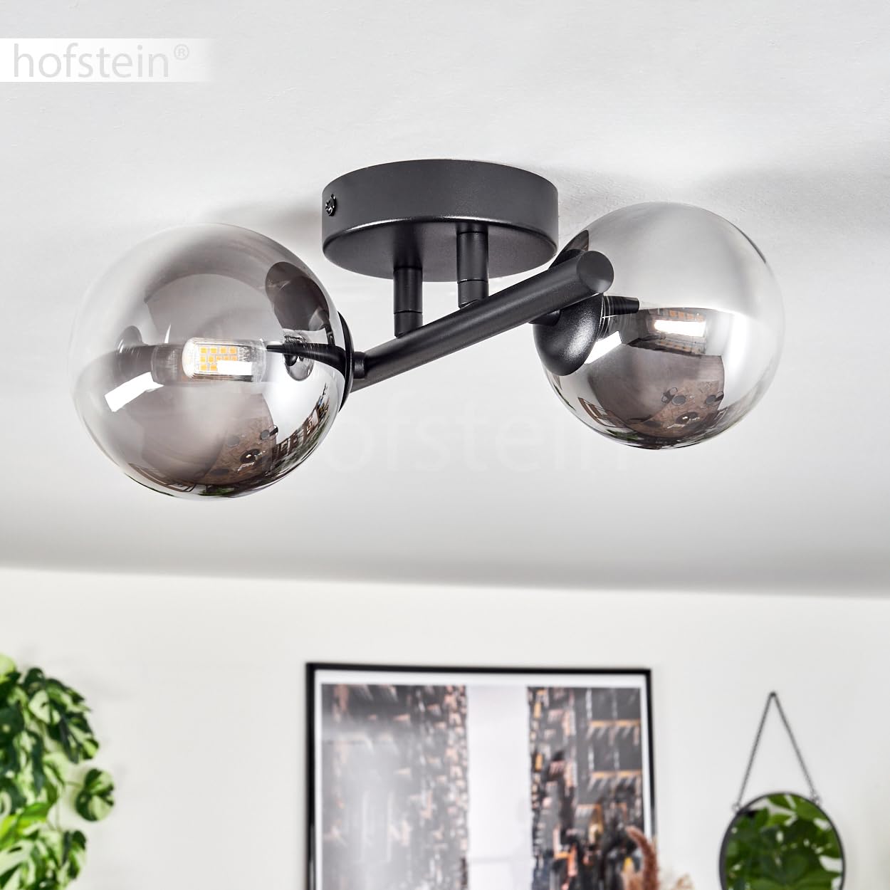 Lampadario Chehalis, lampada da soffitto in metallo/vetro in nero/fumé/chiaro, illuminazione dal design moderno retrò/vintage con paralume in vetro (Ø 10 cm, 12 cm), 2 x G9, senza lampadine