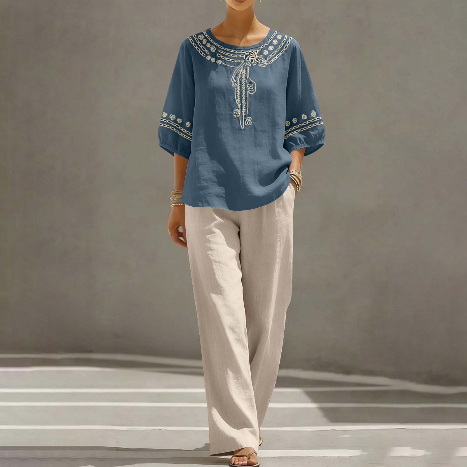 Ensemble Lin Femme 2 Pieces Chic Et Elegant Été,Ensemble Femme Pantalon Et Haut Fluide Broderie Deux Pièces Survetement Manches Courtes Bohème Outfit Set Léger Décontracté De Plage
