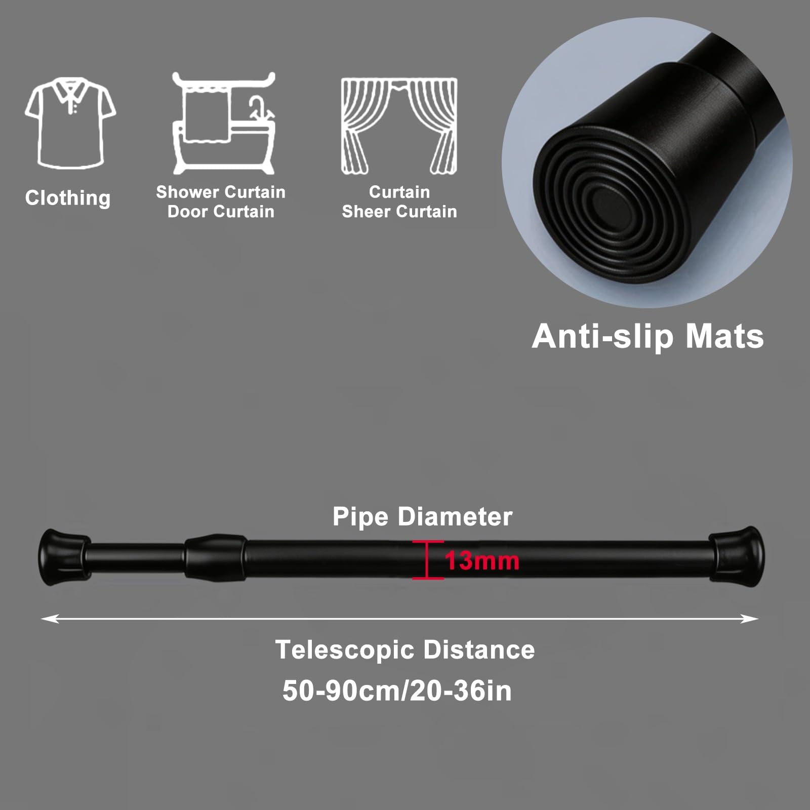 Duschstange Ohne Bohren Spanngardinenstange 30–280 cm | Klemmstange Duschvorhang mit Rutschfesten Gummifüßen, Geeignet für Dusche und Kleiderschrank(Black,50-90x1.3cm/20-36x0.5in)