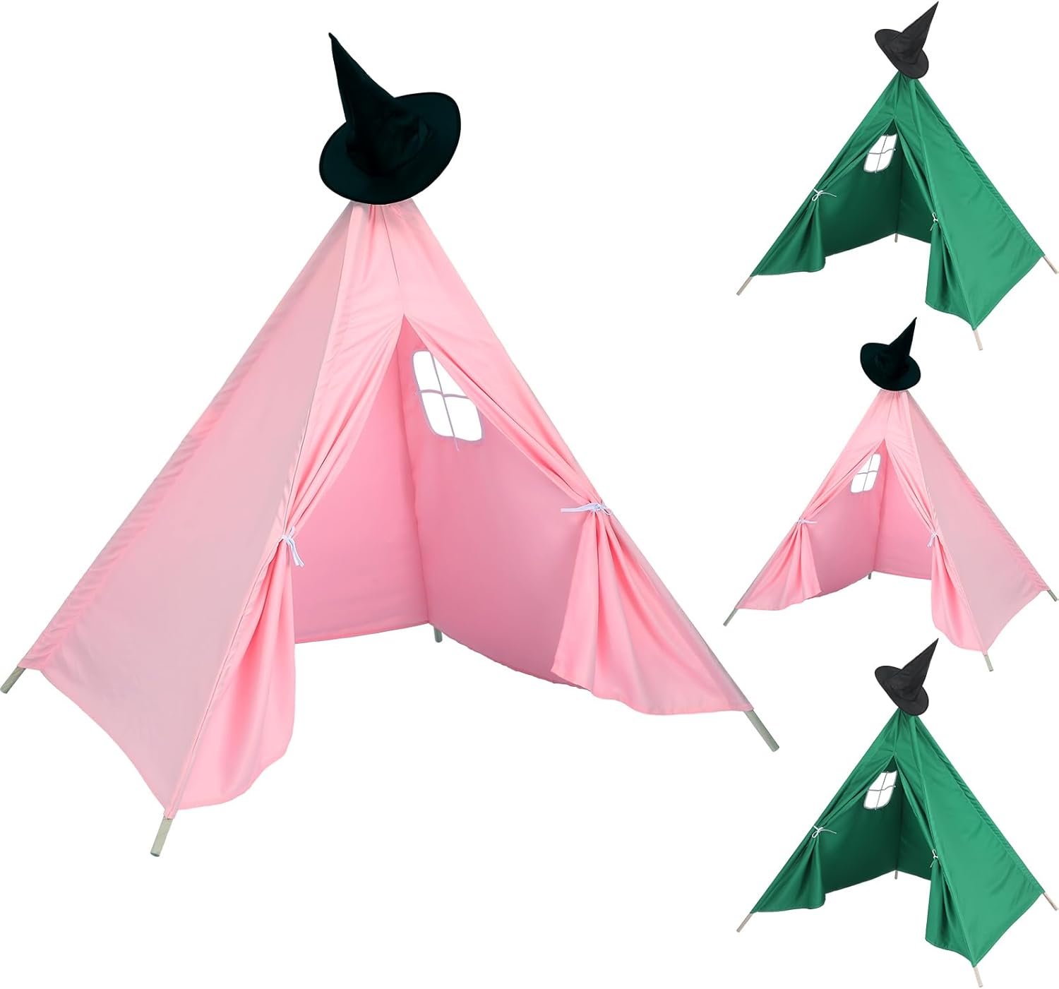 8 Pcs Teepee Tent Set - Green Pink Witch Theme Foldable Cotton Canvas Birthday Party Sleepover Tents with Witch Hat for Kids Halloween 2025 Decoration