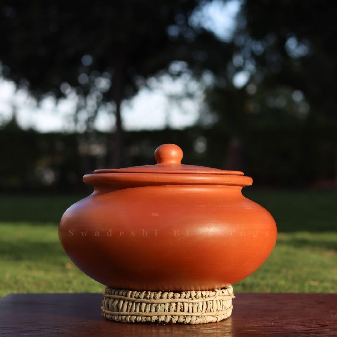 Swadeshi Blessings Unglazed Clay Pot for Cooking with Lid/Clay Cooking Pot/Earthen Pot/Clay Handi/Earthen Kadai/Curry, Biryani Pots & FREE ASH For Cleaning (4 Litres)