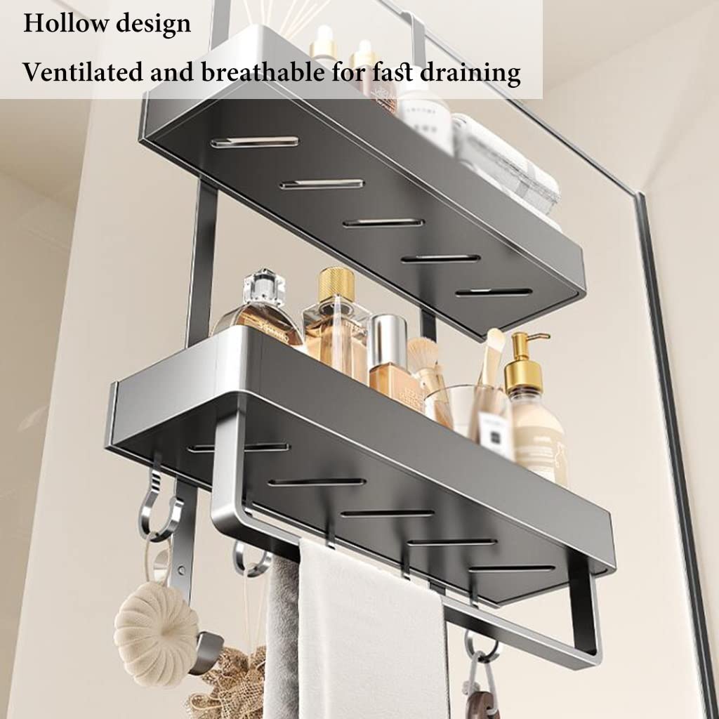 Cesta de ducha para puerta con ganchos, cesta de aluminio inoxidable para organización del baño y fácil almacenamiento