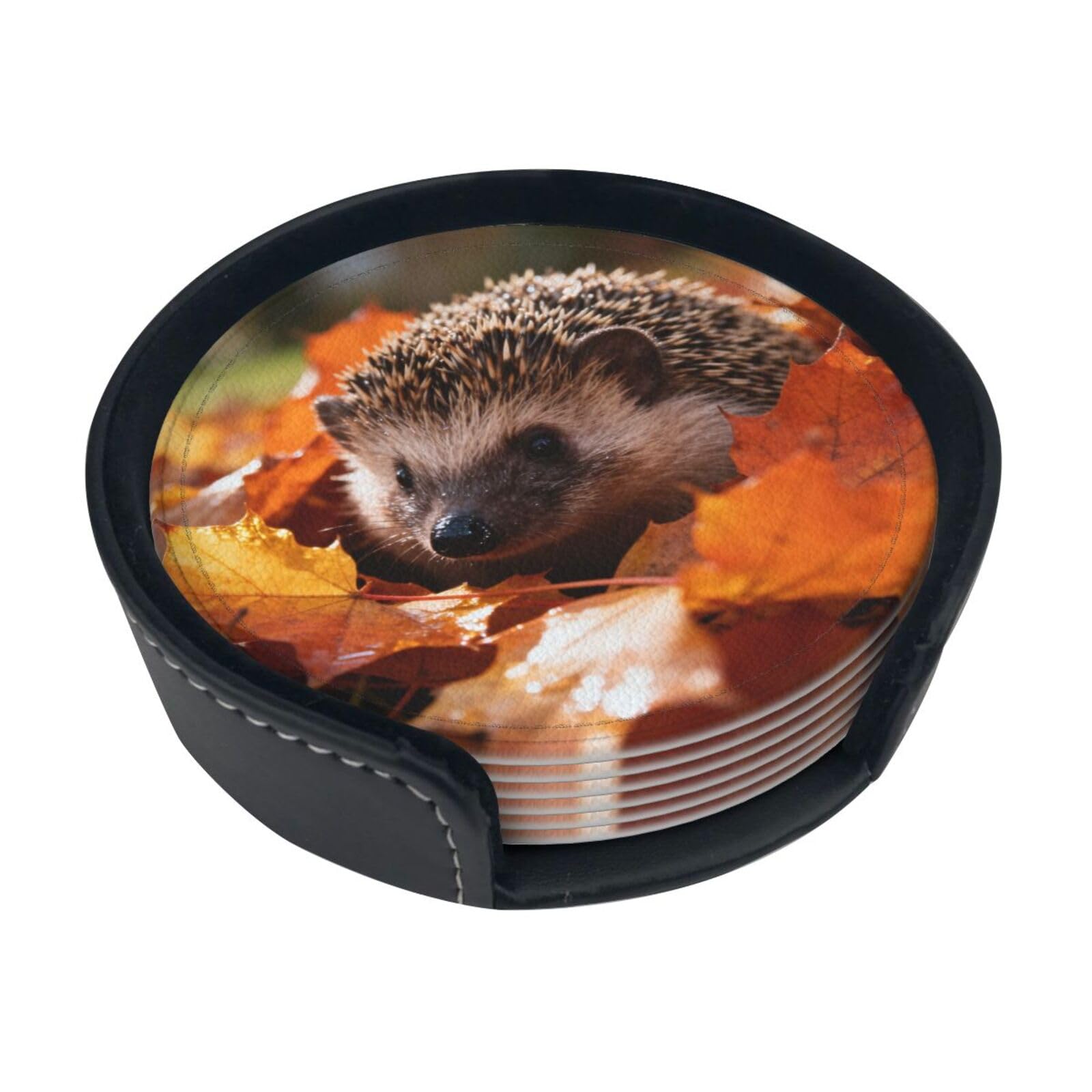 Cntdbu White Cute Hedgehog Leather Coasters Set Of 6-Pu Leather Drink Mats For Table, Heat Resistant Round Coasters With Holder