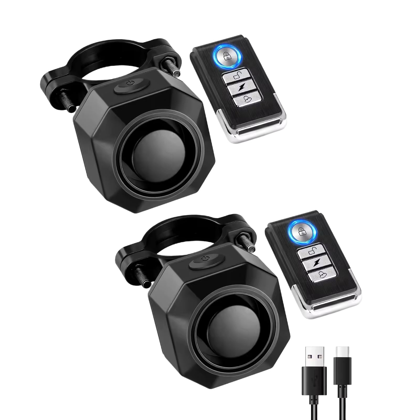 Mengshen Lot de 2 systèmes d'alarme de vélo rechargeables sans fil pour vélo électrique, moto, scooter, voiture, Tailer USB-C Rechargeable