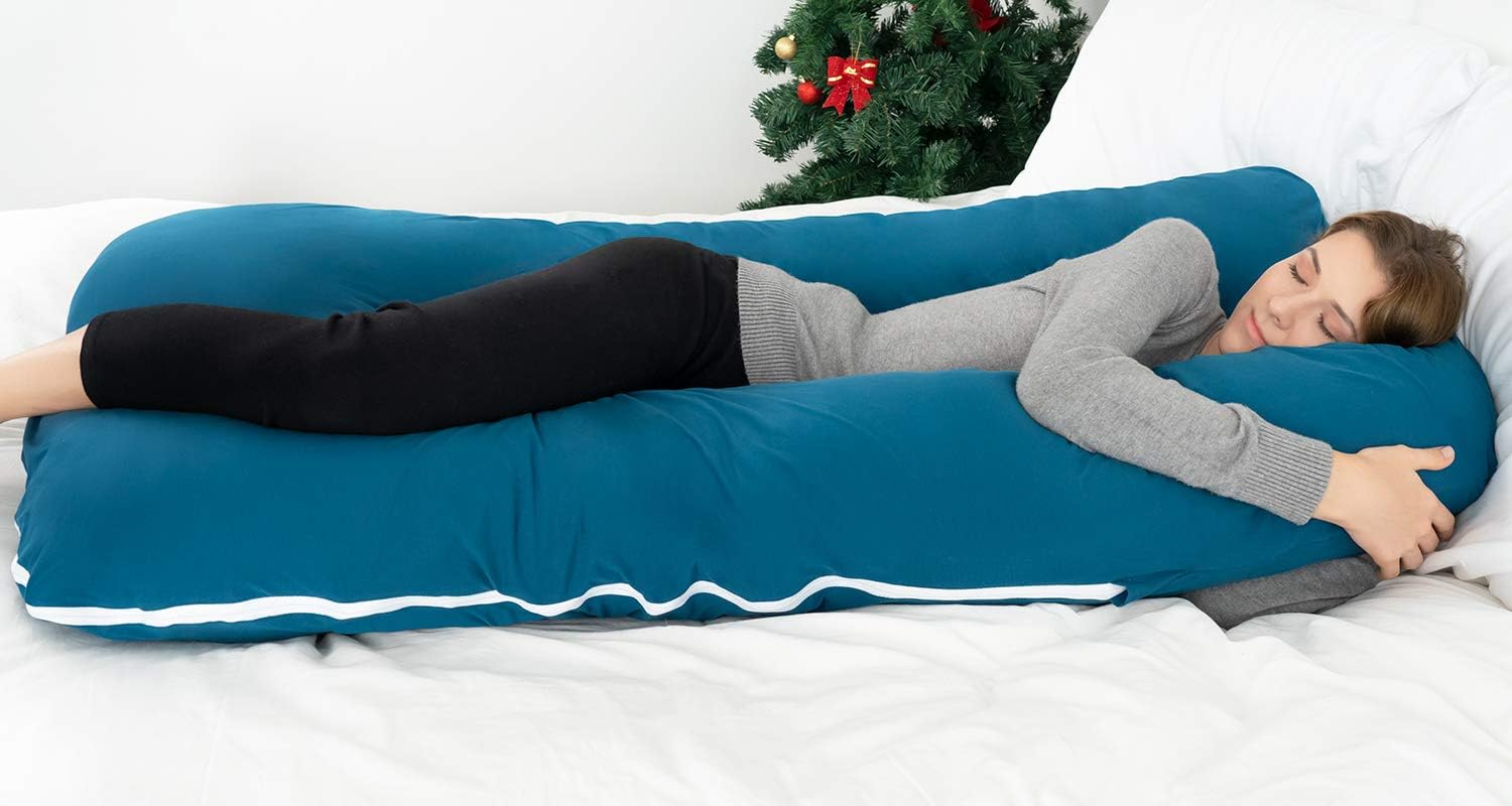 QUEEN ROSE Contoured U Shaped Pillow,Pregnancy Body Side Sleeping Pillow with Cooling Jersey Cover,Navy Blue
