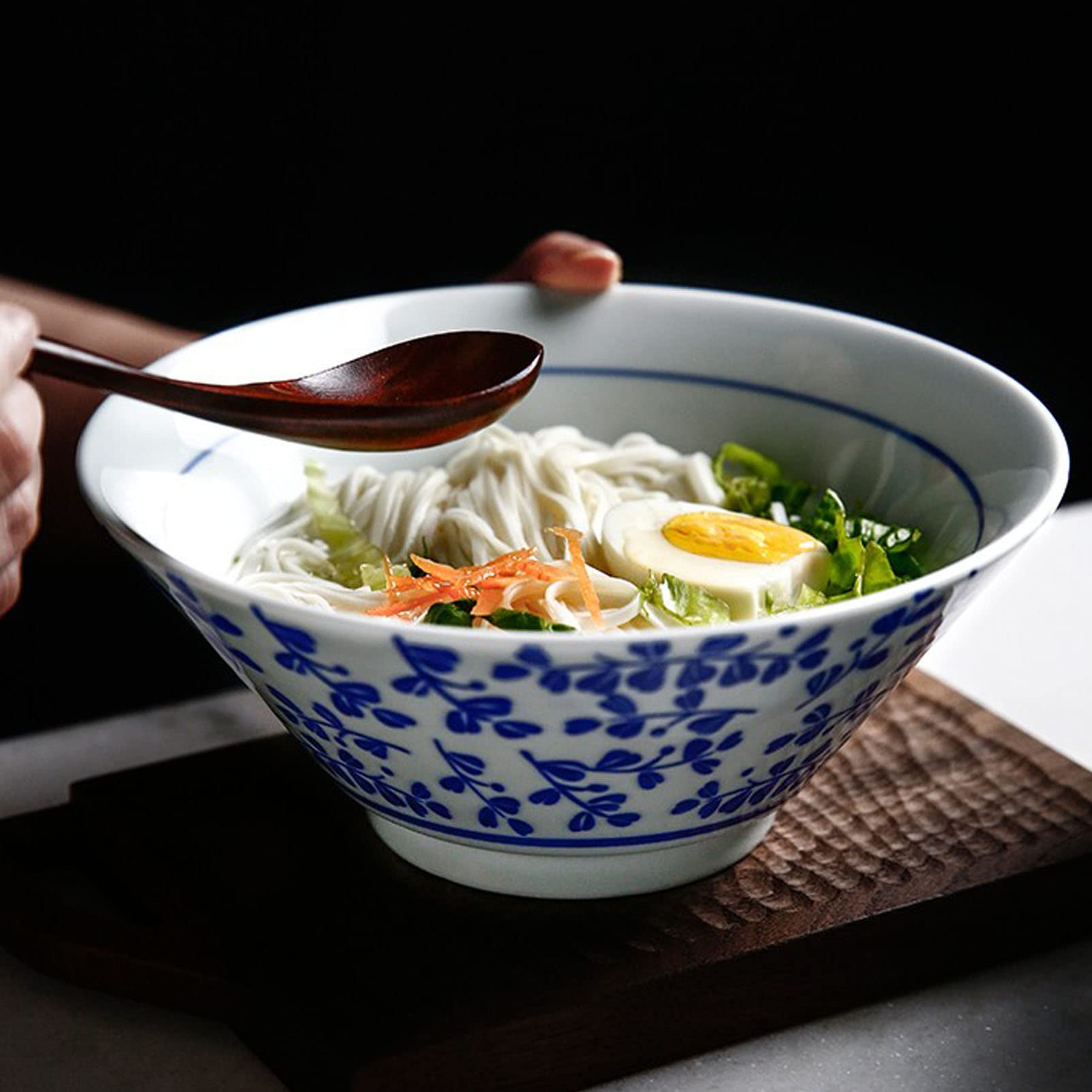 Tazón de cerámica para Ramen, tazón Multiusos de Porcelana Fina para Sopa, Cereales, arroz, Udon y soba, tazón japonés Grande para Fideos, Azul y Blanco