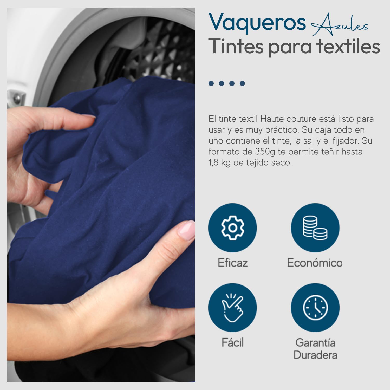 Haute Couture - Tinte para Ropa y Textil Azul - Azul Vaquero - 350g - Tinte Textil Todo en uno - Listo Para Teñir Ropa y Tejidos