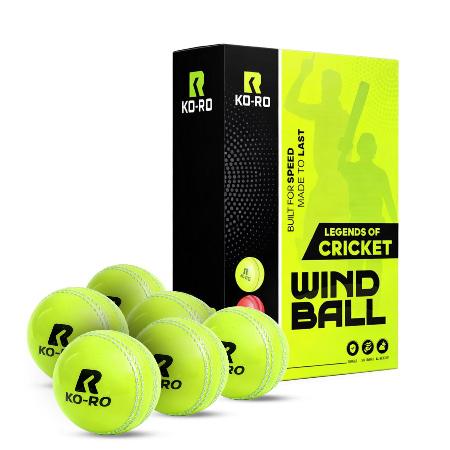 ko-ro synthetic high bounce rubber wind ball for gully cricket | 2x durable practice ball for concrete surfaces | lightweight & durable | ideal for tennis cricket | green | pack of 6