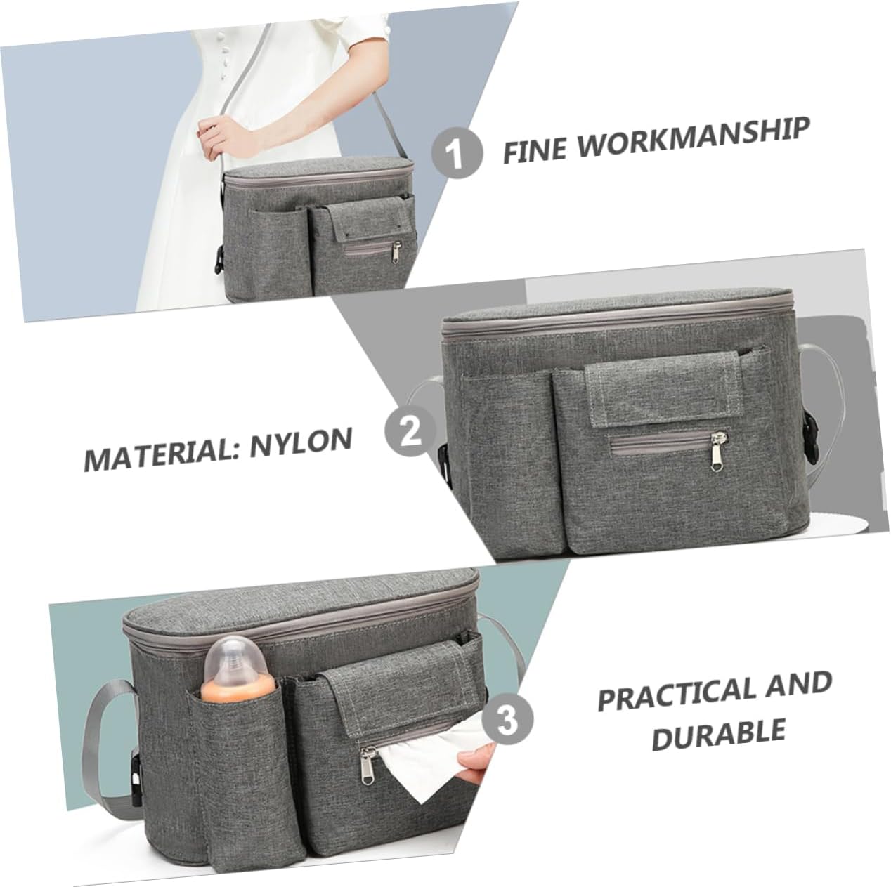 VICASKY Multi-functional Bottle Bag Stroller Nursery Pouch for Easy Access and Storage Grey Hanging Diaper Tote for Travel Commuting and Expecting Moms Convenient Design for Feeding and