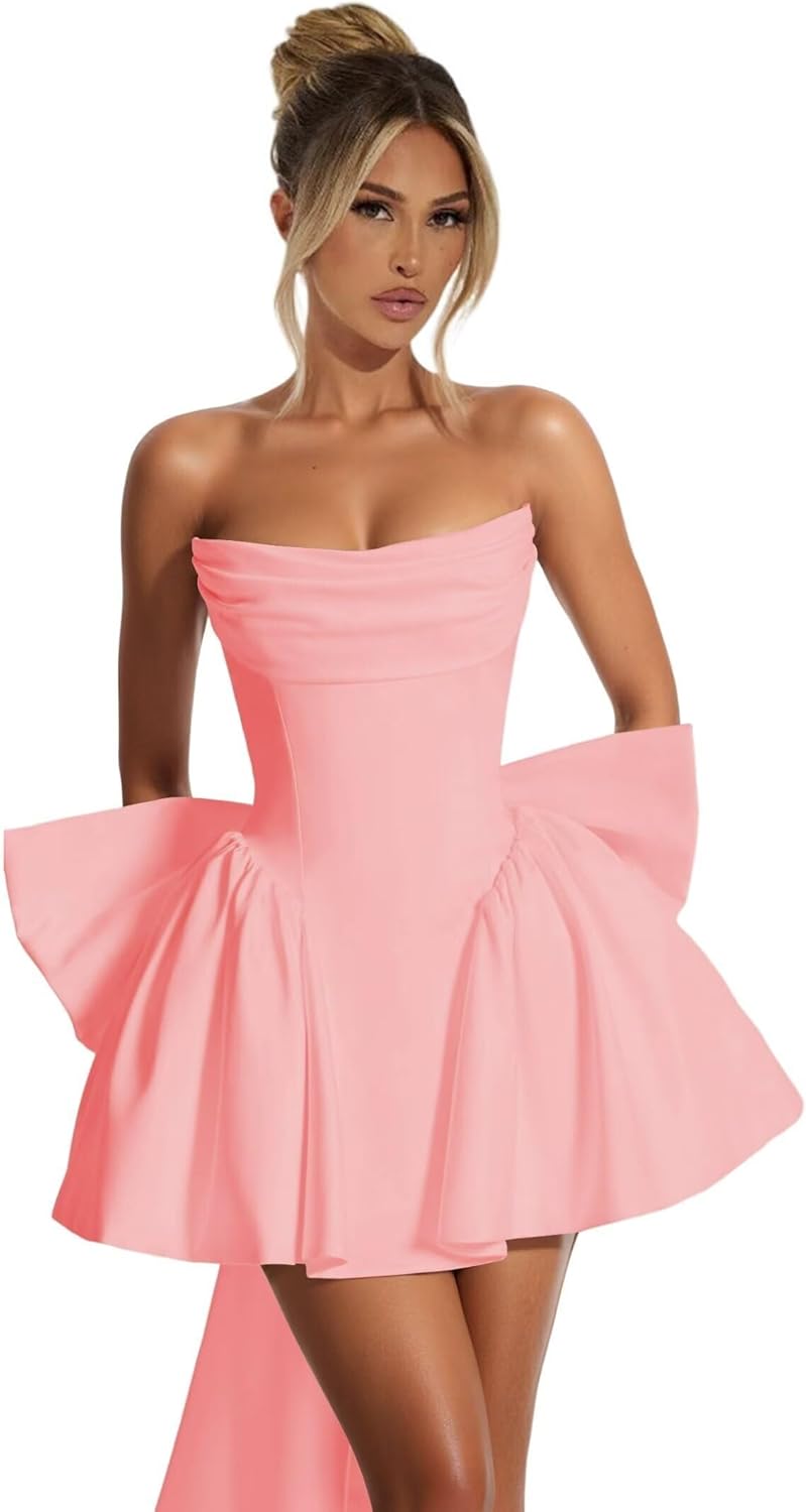 Satin Homecoming Dresses Strapless Corset Cocktail Party Gown Short A-Line HOCO Dress with Bow