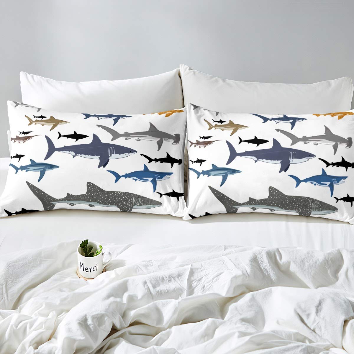 Tbrand Ocean lenzuola lenzuola a squalo set di lenzuola , set di biancheria da letto con scritta in lingua inglese “Sea Marine Theme”, 2 pezzi per letto singolo