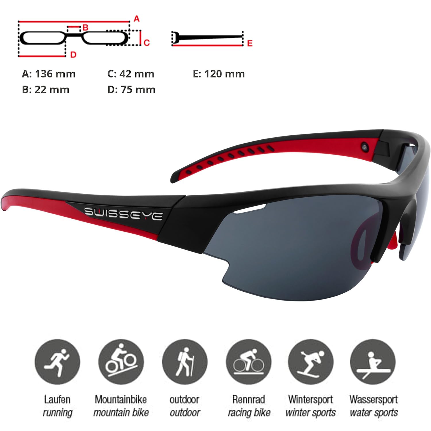 Swisseye Gardosa Re+ Sportbrille (100% UVA-, UVB- und UVC-Schutz, verstellbarer Nasenbereich, splitterfreies Material TR90, inkl. Etui & Wechselscheibe, inkl. Mikrofaserbeutel), black matt/red, 135 mm