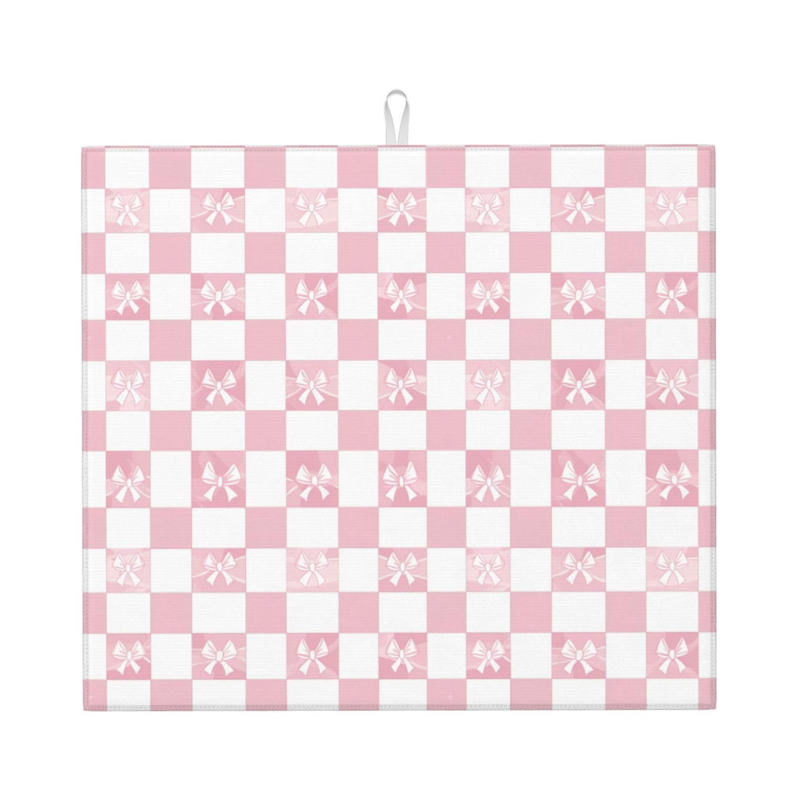 Dish Drying Mat Pink Check Bow Pattern for Kitchen Counter Absorbent 16x18 Inch Microfiber Dishes Plate Glass Dry Draining Pad Reversible Washable