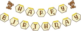 Bear Happy Birthday Banner, Teddy Bear Theme Bday Party Pennant Decor, Cute Honeycomb Birthday Sign for Daughter Son