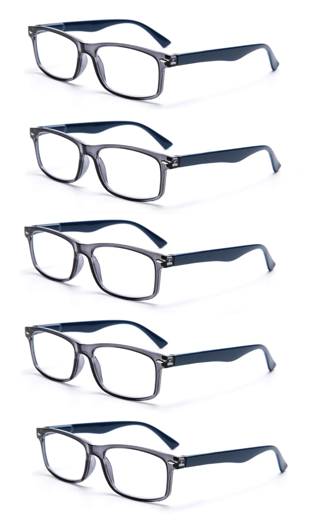 Reading Glasses EYE ZOOM 5 Pack Rectangular Vintage Plastic Frame Readers for Men and Women, Gray, 2.50