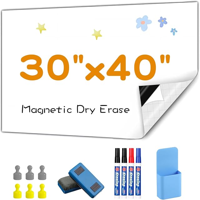 Magnetic Whiteboard Contact Paper, 76 * 100cm(30" x 40" Stick on Magnetic Dry Erase White Board Sticker on Wall, Easy to Write for Drawing, School, Office, Kitchen Fridge | Stick on magnetic white boards for walls. Magnet receptive magnetic board for