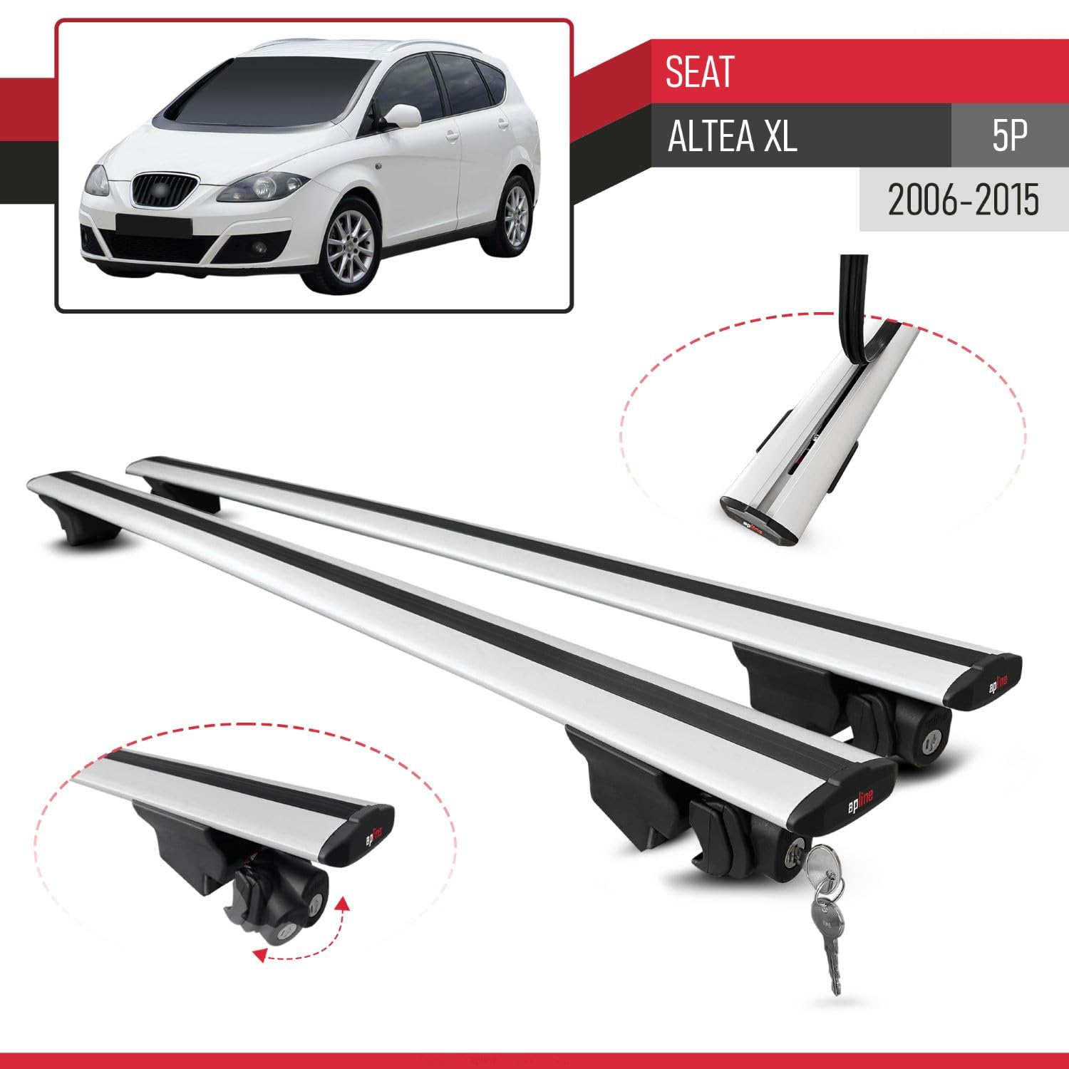 Compatibile con Seat Altea XL (5P) 2006-2015 Modello HOOK Barre Tetto Portapacchi Auto Barre Portatutto Grigio Alluminio 2 Barre