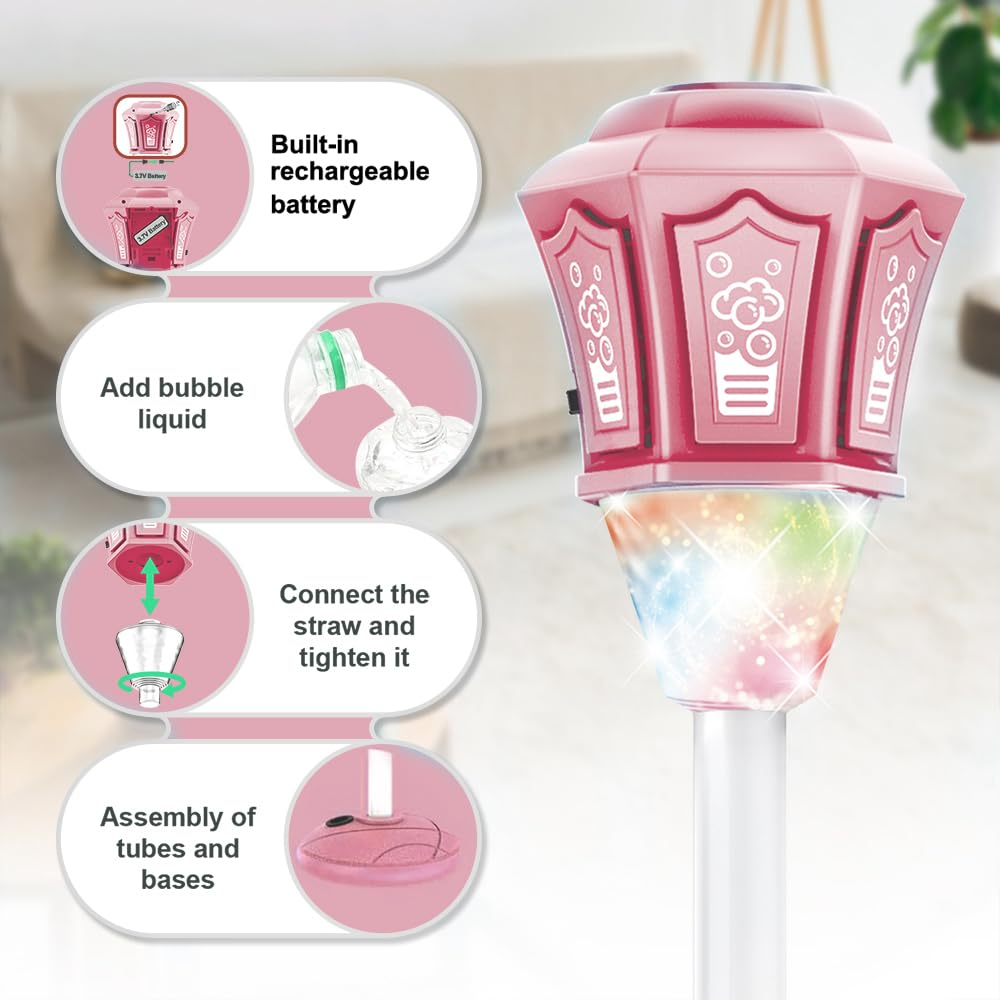 Lámpara de Jardín Bubble Torch con Luz y Música,Altura Regulable 52-115 cm,Máquina de Burbujas Recargable para Exteriores con Mando a Distancia para jardín (Rosa)