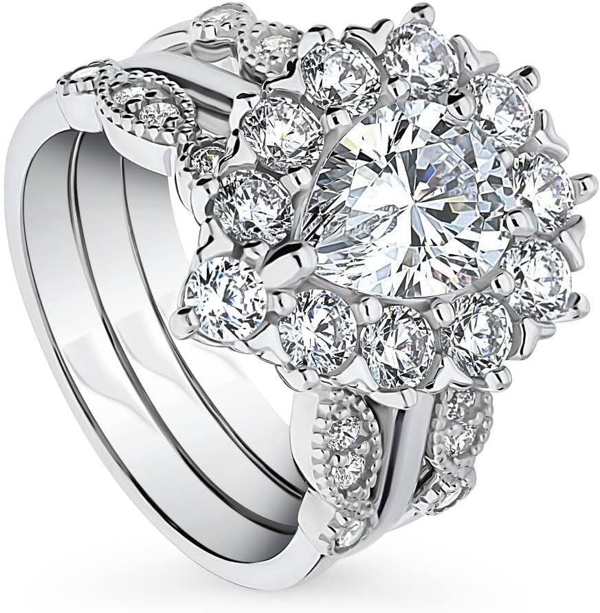 BERRICLE Sterling Silver Halo Wedding Engagement Rings Pear Cut Cubic Zirconia CZ Milgrain Ring Set for Women, Rhodium Plated