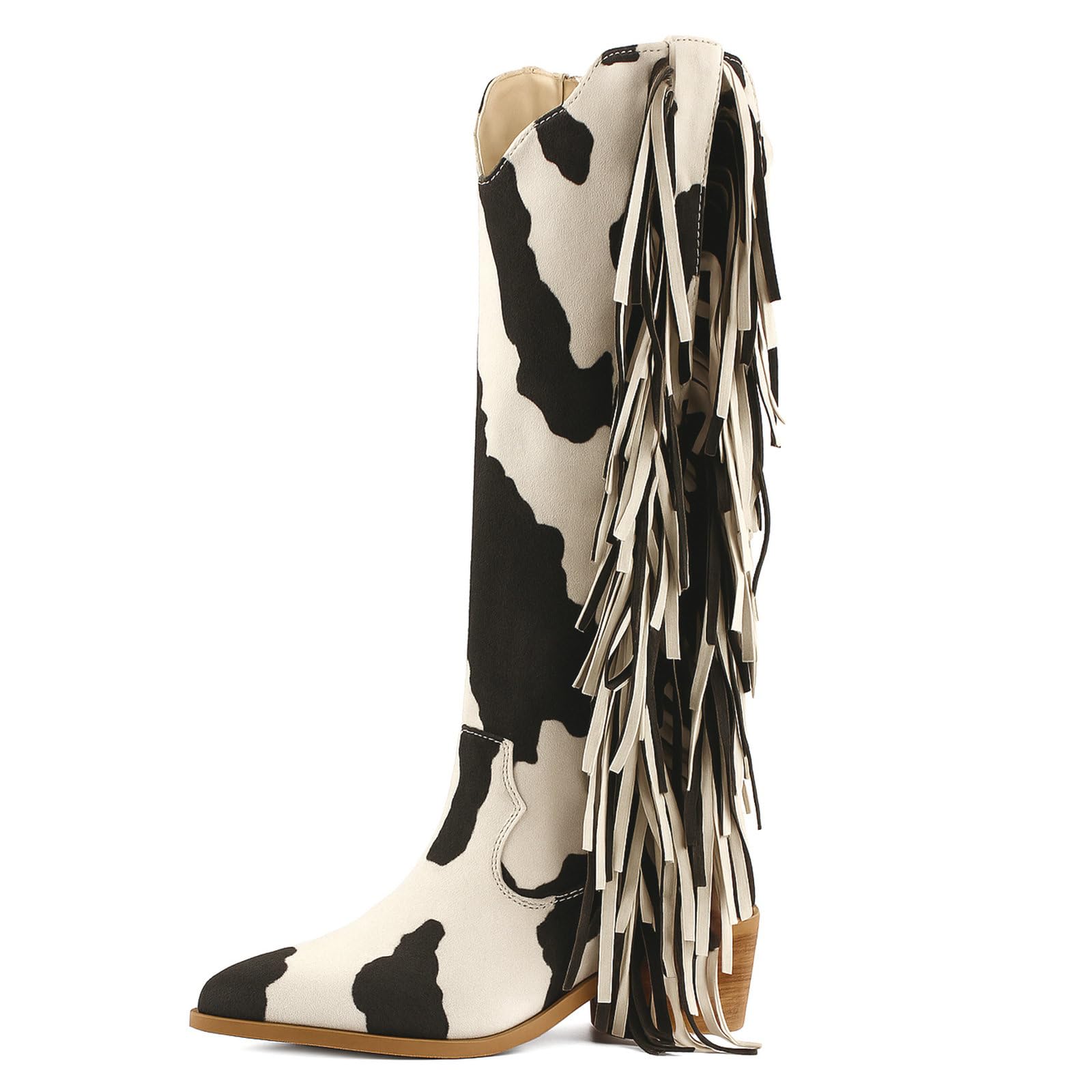 KiutSymo Cowgirl Fringe Boots For Women White Tassels Cowboy Boots Knee High Pointed Toe Western Boots
