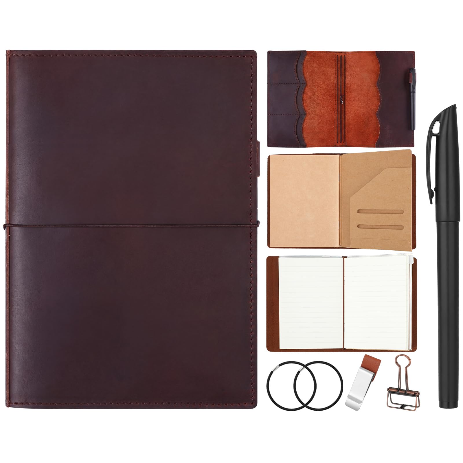Eaasty El kit de accesorios para viajeros incluye funda de cuero para cuaderno con bolsillos interiores, recambio de cuaderno de viaje A5, soporte para bolígrafo, clip para carpeta y bandas elásticas