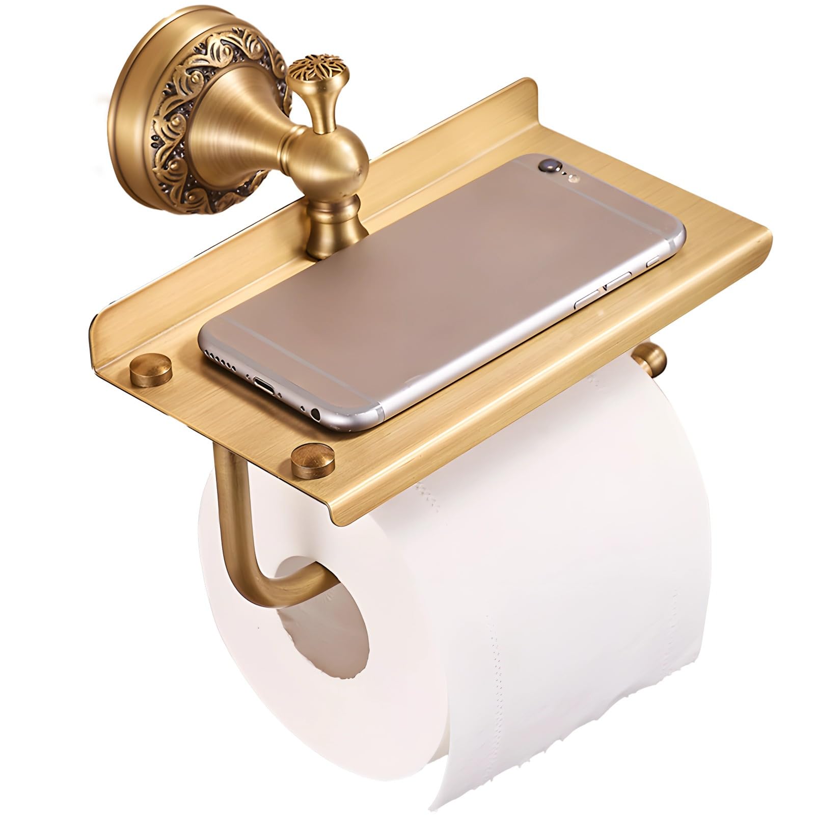 Mosiężny uchwyt na papier toaletowy w stylu vintage z półką na telefon, stojak na papier łazienkowy w stylu europejskim, montowany na ścianie stojak do przechowywania telefonu, antyczny brąz