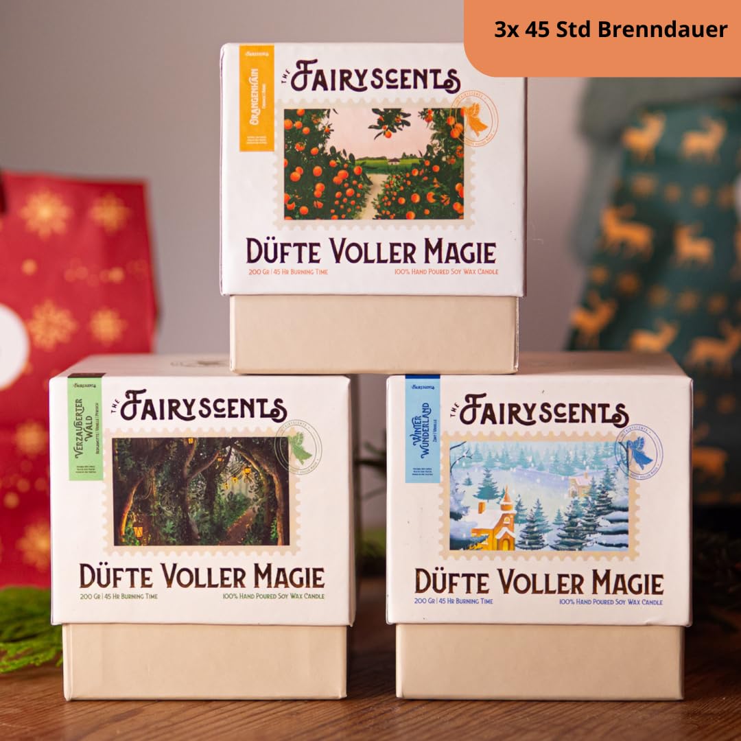 Verwunschene Welten Duftkerzen Set 3-teilig – Zimt & Vanille, Bergamotte & Pfirsich & Vanille, Orange & Birne – 45h Brenndauer je Kerze – Handgefertigt & Vegan – Geschenkset für Winter & Zuhause