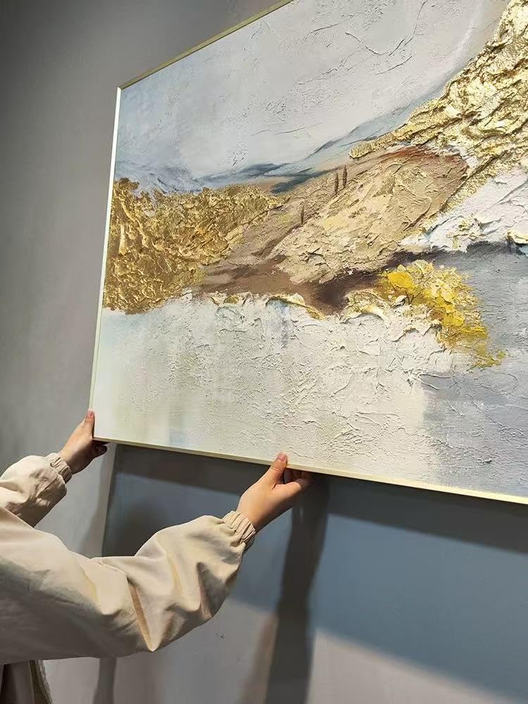 Modern 100% Hand Painted Abstract Oil Minimalist Grey White Canvas Wall Art Painting Gold Foil Art Frame for Wall Decoration Gifts Decor